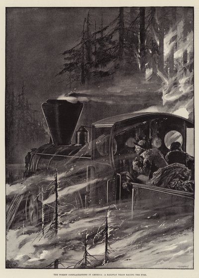 The Forest Conflagrations in America, a Railway Train Racing the Fire by Richard Caton Woodville junior